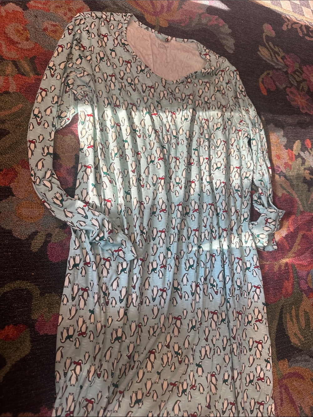 Lands' End Light Blue Penguin Print Long Sleeve Dress